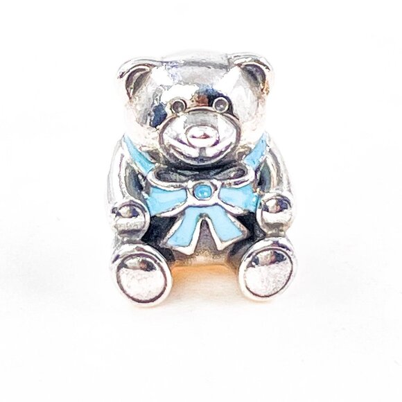 Pandora It's a Boy Sterling Silver Teddy Bear Charm With Blue Ribbon - Picture 2 of 6